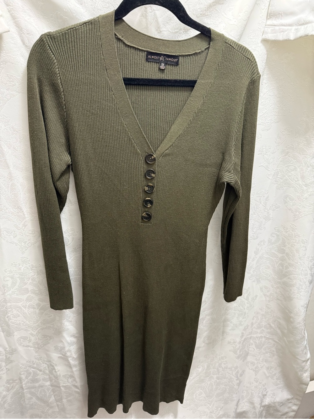 Almost Famous Olive Ribbed V-Neck Button Midi Dress